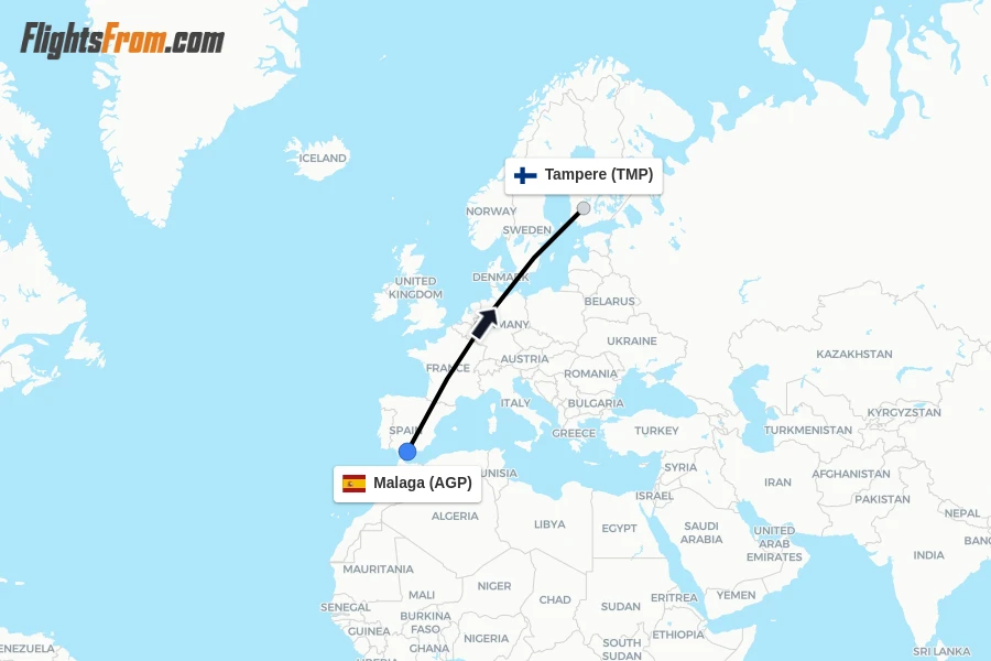 Flights from Malaga to Tampere route map