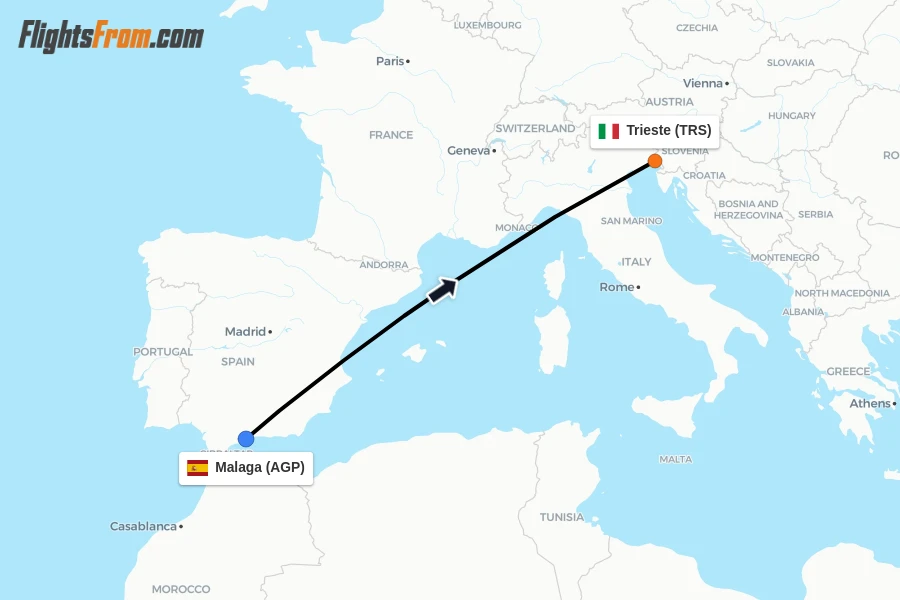 Flights from Malaga to Trieste route map