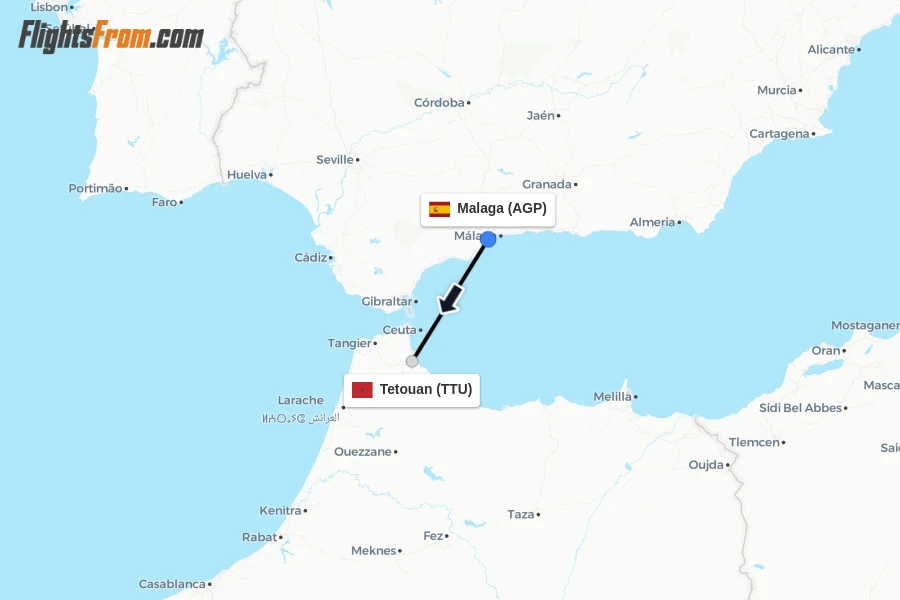 Flights from Malaga to Tetouan route map