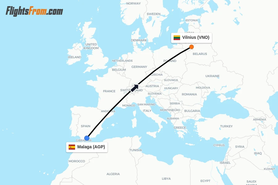 Flights from Malaga to Vilnius route map