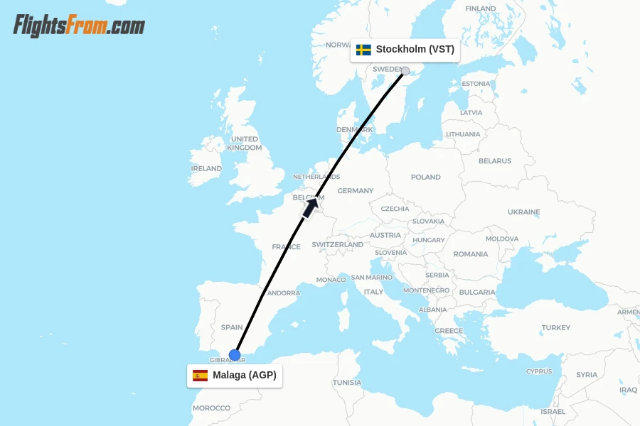 Flights from Malaga to Stockholm route map