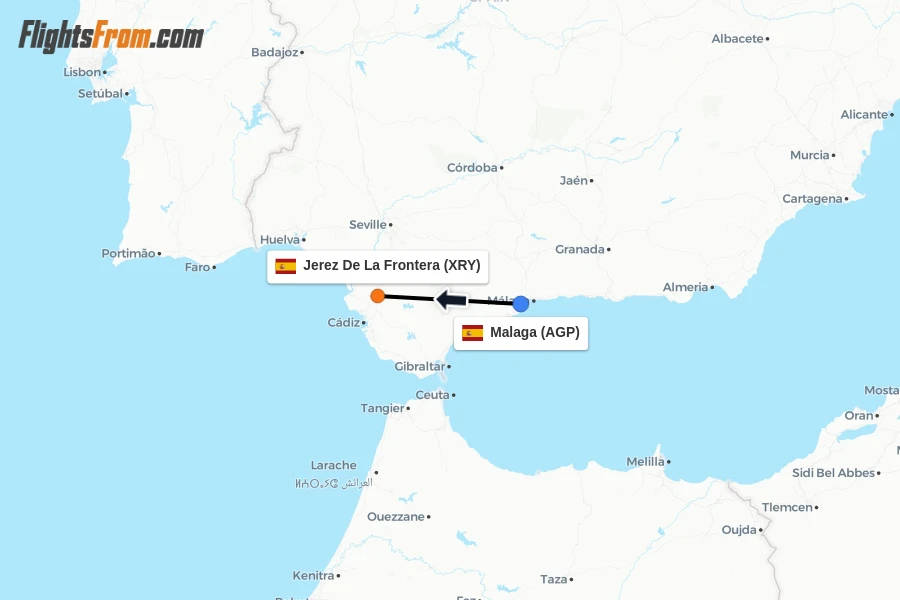 Flights from Malaga to Jerez De La Frontera route map