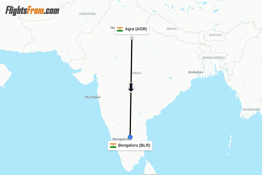 Flights from Agra to Bengaluru route map