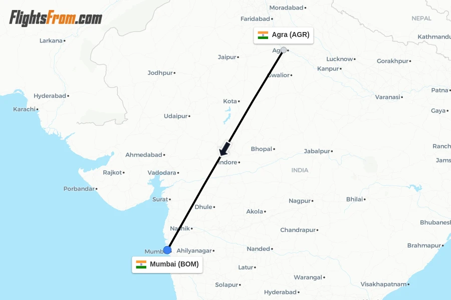 Flights from Agra to Mumbai route map