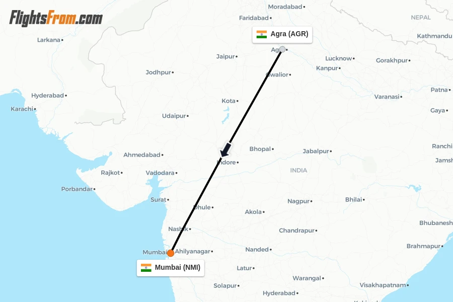 Flights from Agra to Mumbai route map