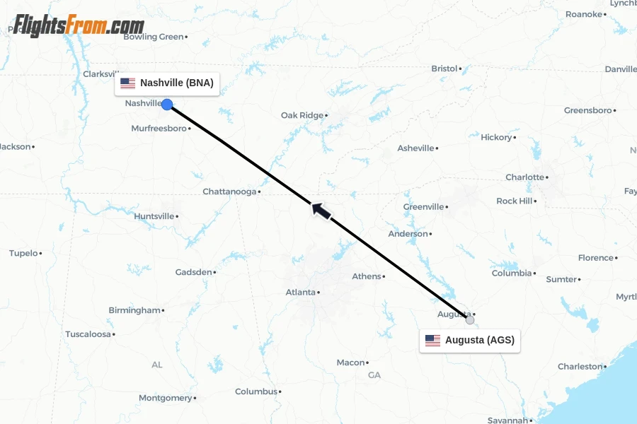 Flights from Augusta to Nashville route map