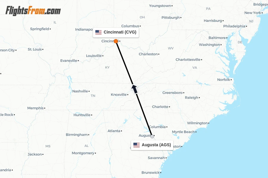 Flights from Augusta to Cincinnati route map