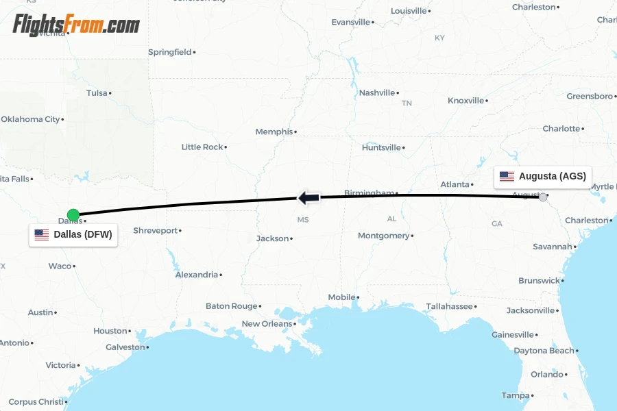 Flights from Augusta to Dallas route map