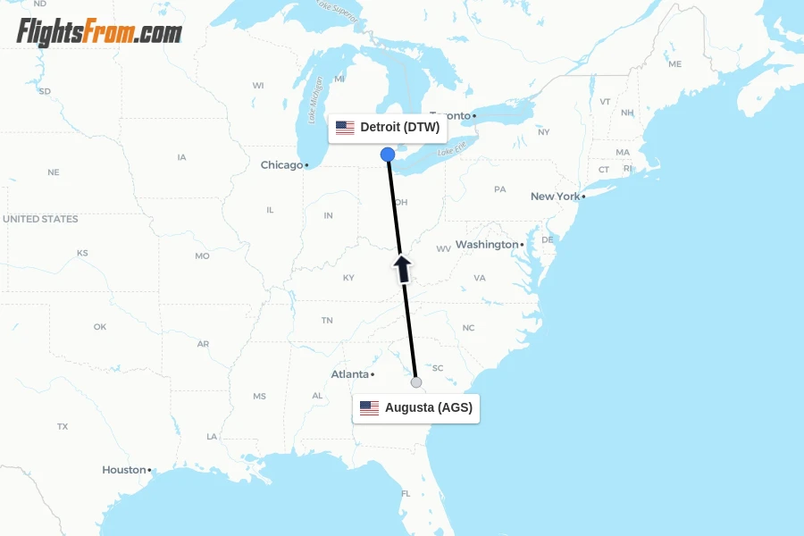 Flights from Augusta to Detroit route map