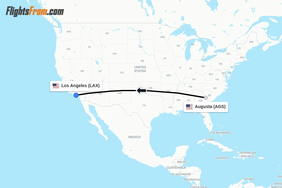 Flights from Augusta to Los Angeles route map