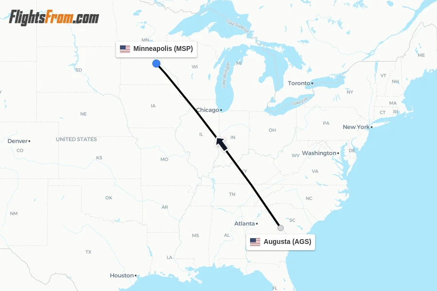 Flights from Augusta to Minneapolis route map