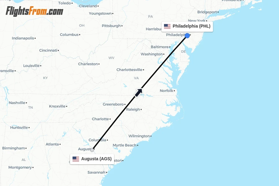 Flights from Augusta to Philadelphia route map