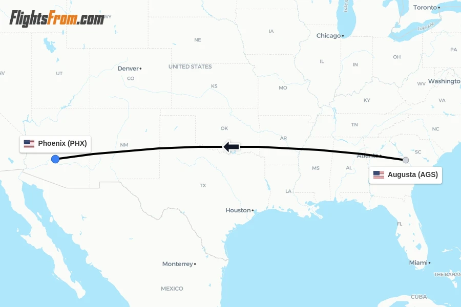 Flights from Augusta to Phoenix route map