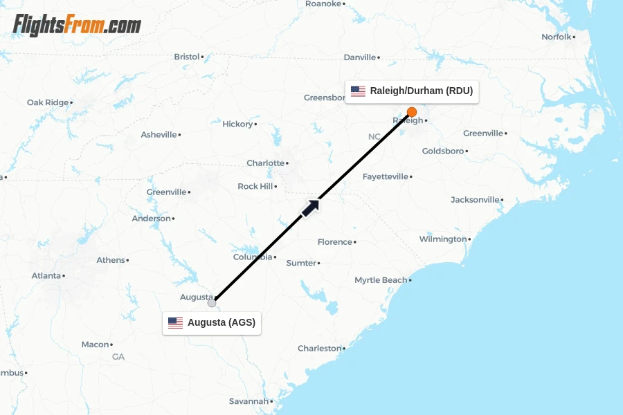 Flights from Augusta to Raleigh/Durham route map