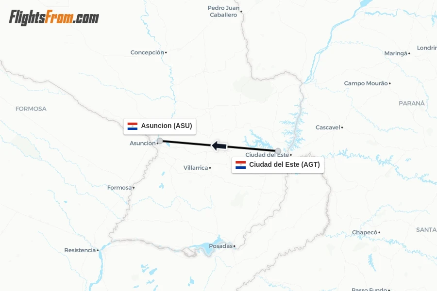Flights from Ciudad del Este to Asuncion route map