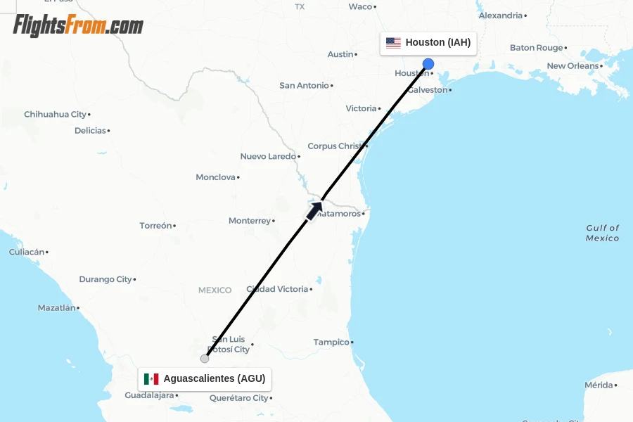 Flights from Aguascalientes to Houston route map