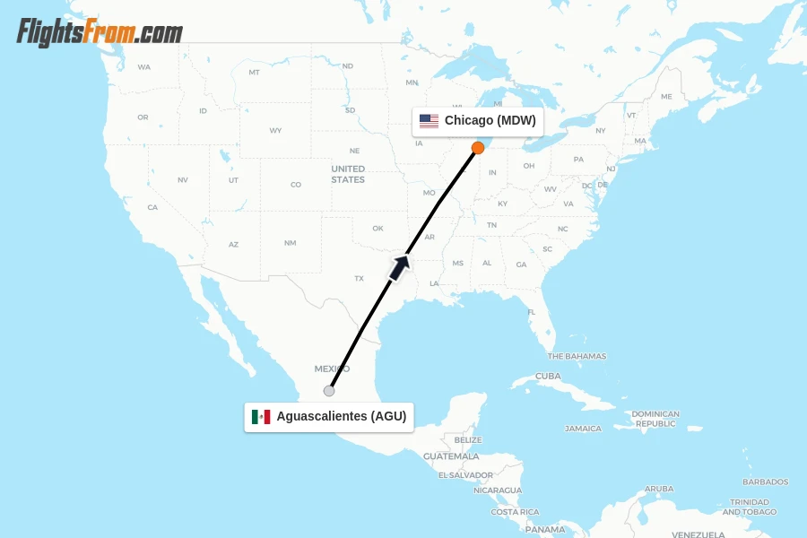Flights from Aguascalientes to Chicago route map