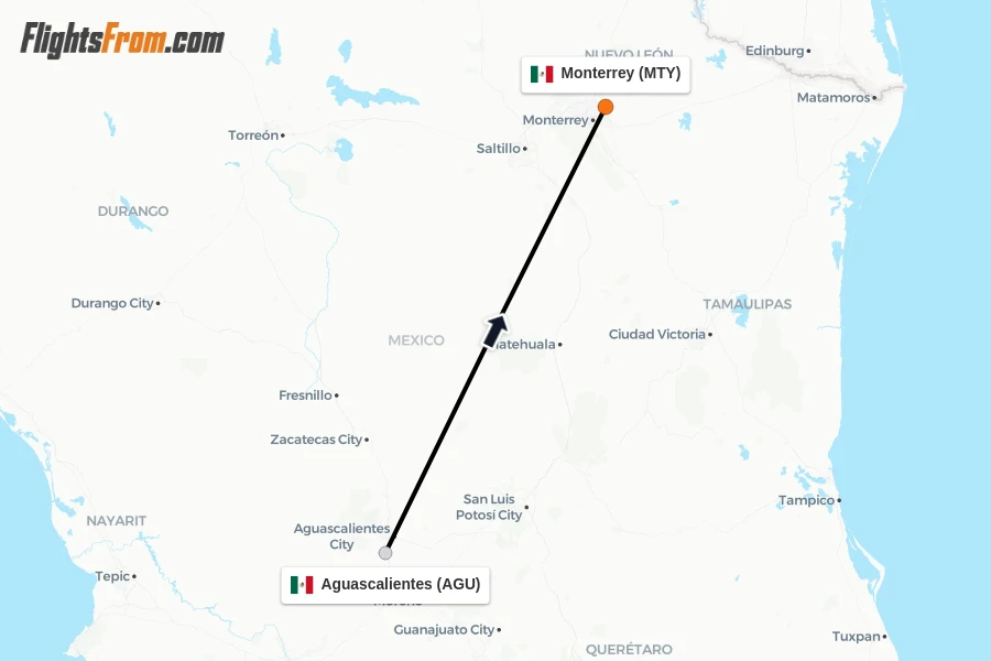 Flights from Aguascalientes to Monterrey route map