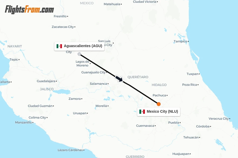 Flights from Aguascalientes to Mexico City route map