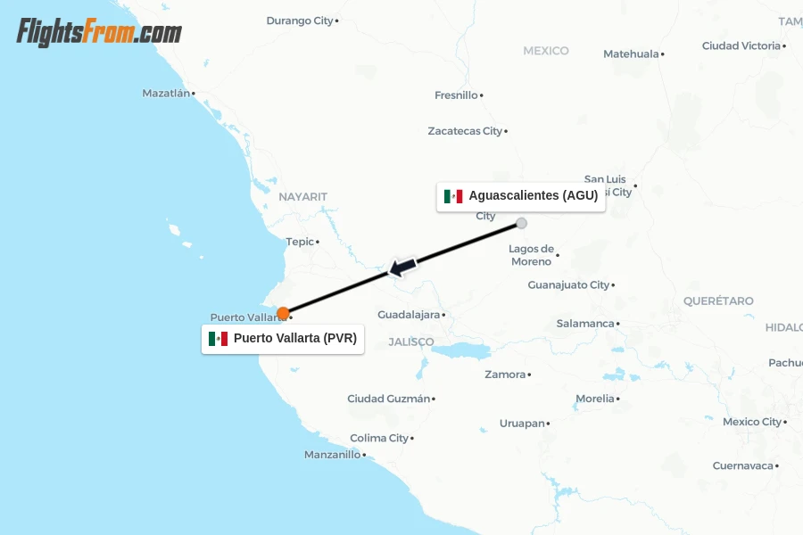 Flights from Aguascalientes to Puerto Vallarta route map