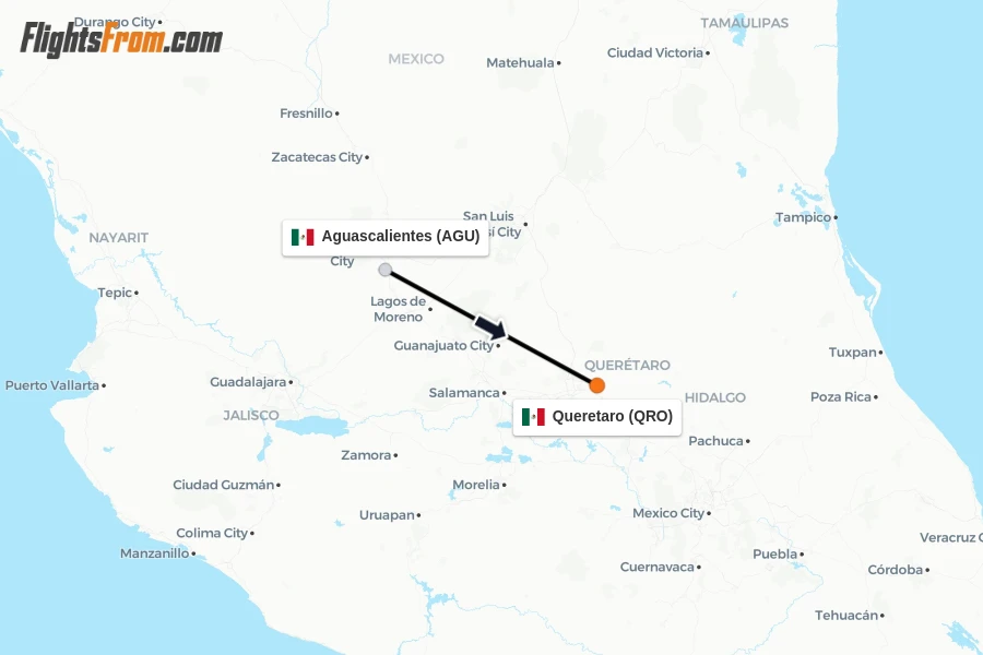 Flights from Aguascalientes to Queretaro route map
