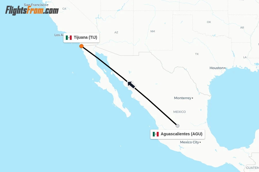 Flights from Aguascalientes to Tijuana route map