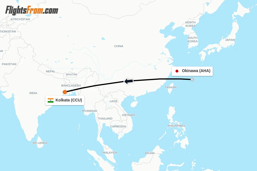 Flights from Okinawa to Kolkata route map