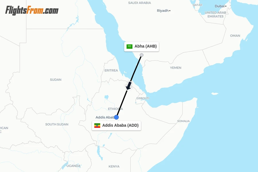 Flights from Abha to Addis Ababa route map