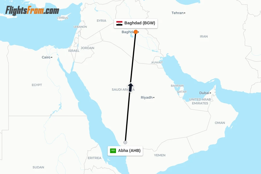 Flights from Abha to Baghdad route map