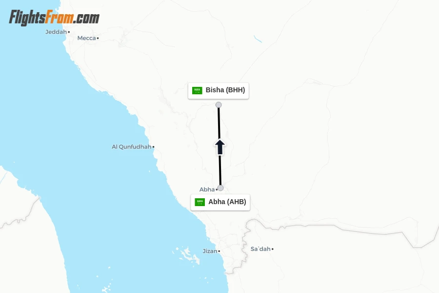 Flights from Abha to Bisha route map