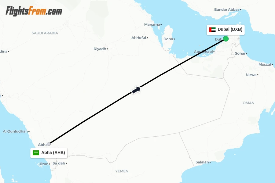 Flights from Abha to Dubai route map