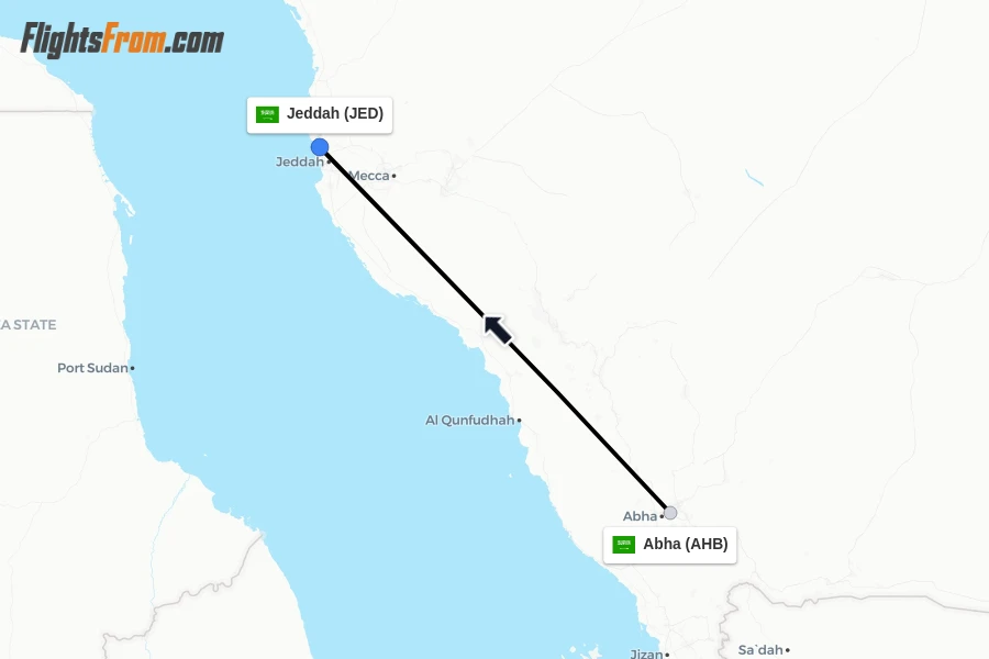 Flights from Abha to Jeddah route map