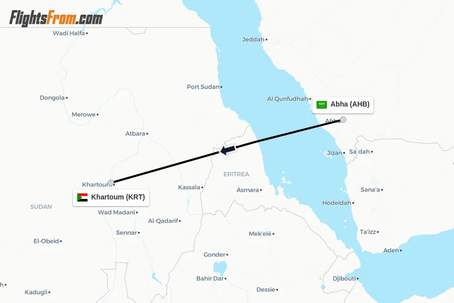 Flights from Abha to Khartoum route map