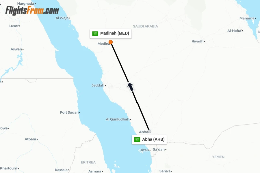 Flights from Abha to Madinah route map