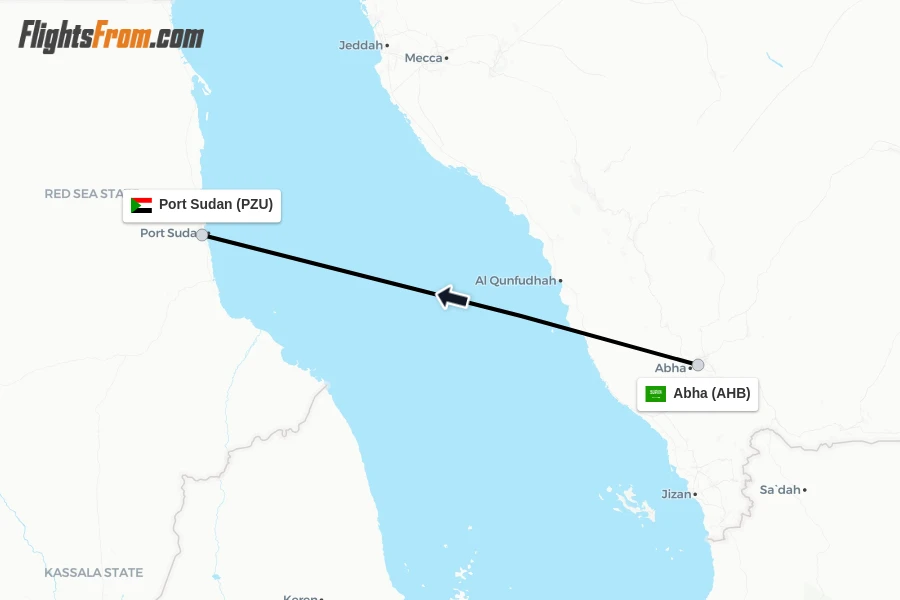 Flights from Abha to Port Sudan route map