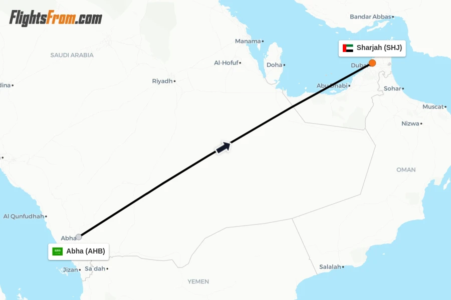 Flights from Abha to Sharjah route map