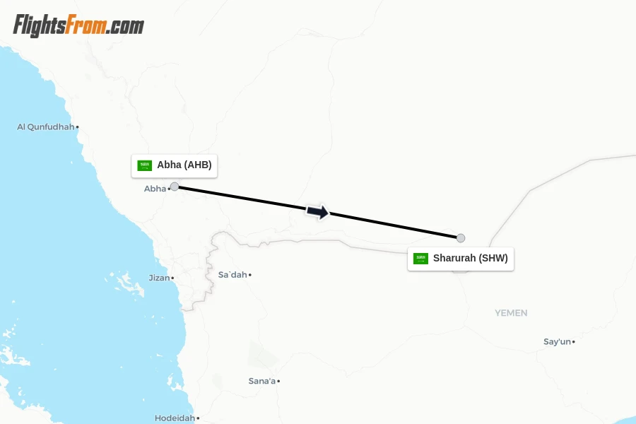 Flights from Abha to Sharurah route map