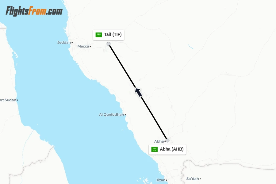 Flights from Abha to Taif route map