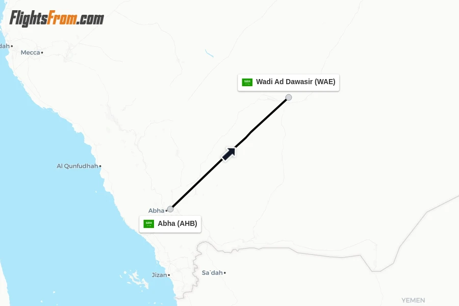 Flights from Abha to Wadi Ad Dawasir route map