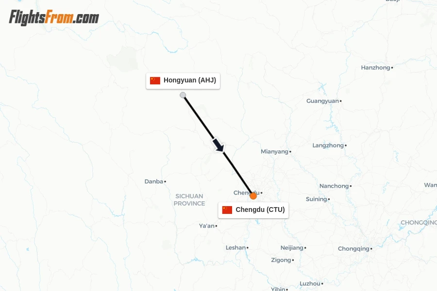 Flights from Hongyuan to Chengdu route map
