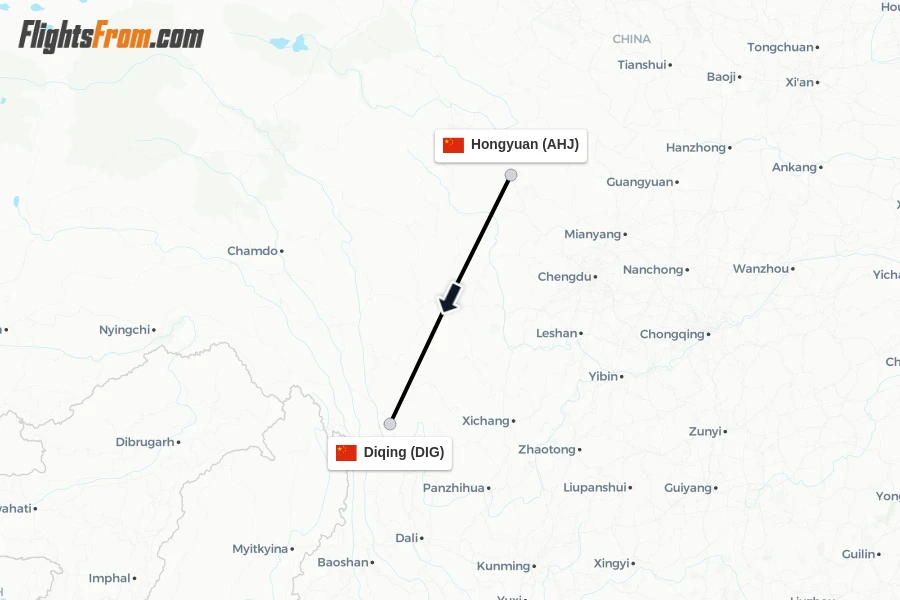 Flights from Hongyuan to Diqing route map