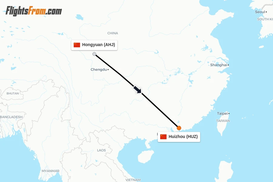Flights from Hongyuan to Huizhou route map