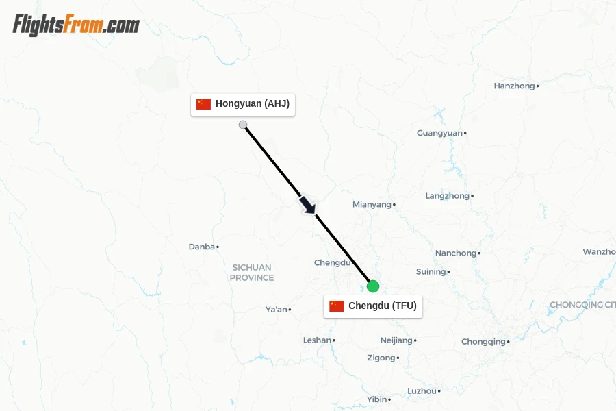 Flights from Hongyuan to Chengdu route map