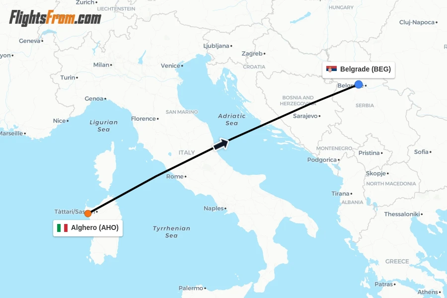 Flights from Alghero to Belgrade route map