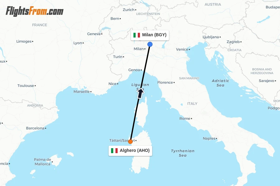 Flights from Alghero to Milan route map