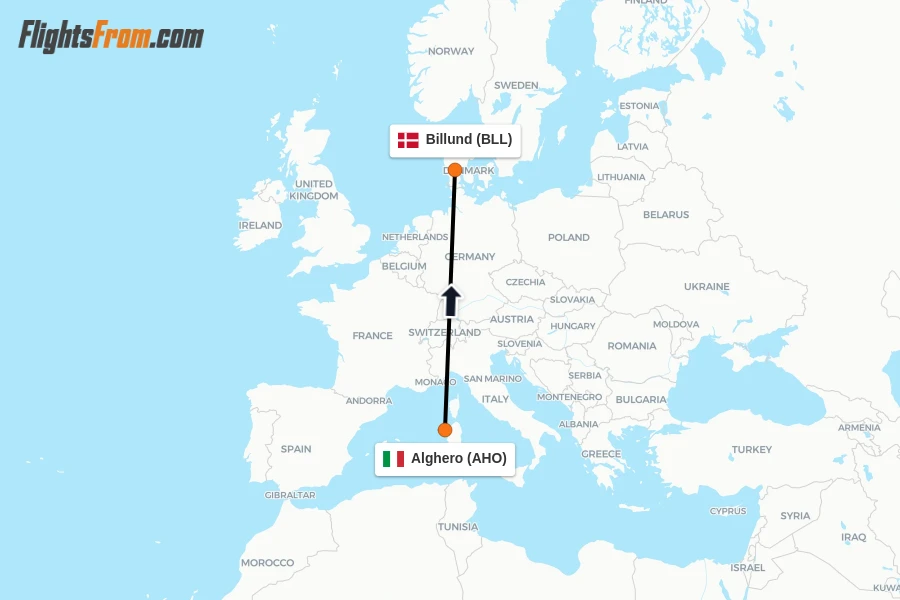 Flights from Alghero to Billund route map