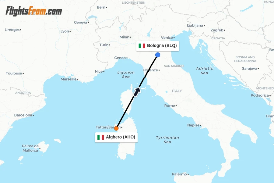 Flights from Alghero to Bologna route map