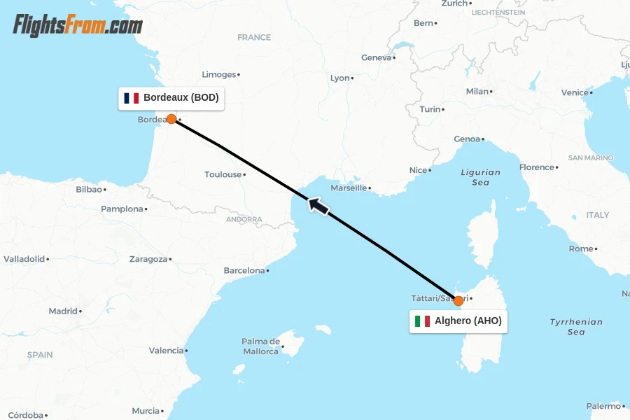 Flights from Alghero to Bordeaux route map