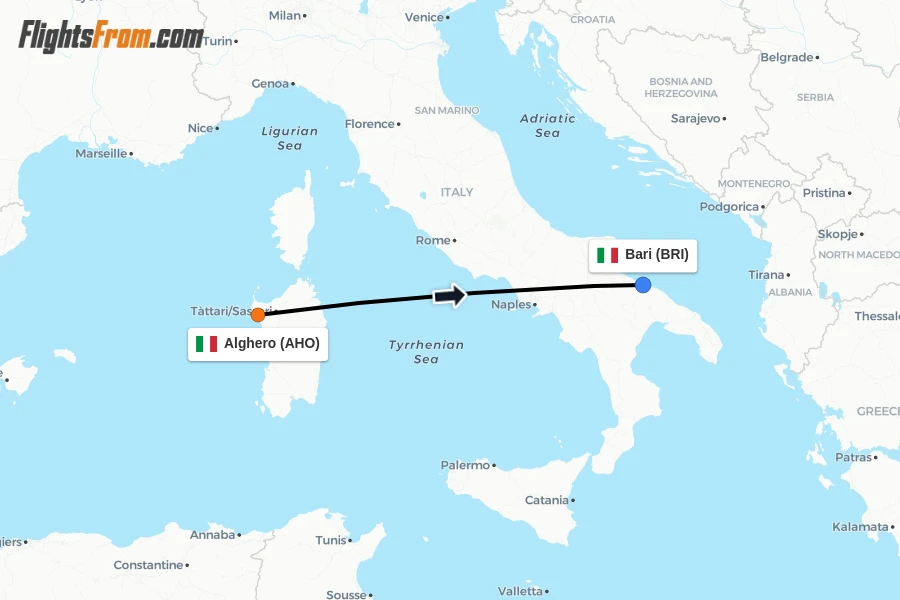 Flights from Alghero to Bari route map