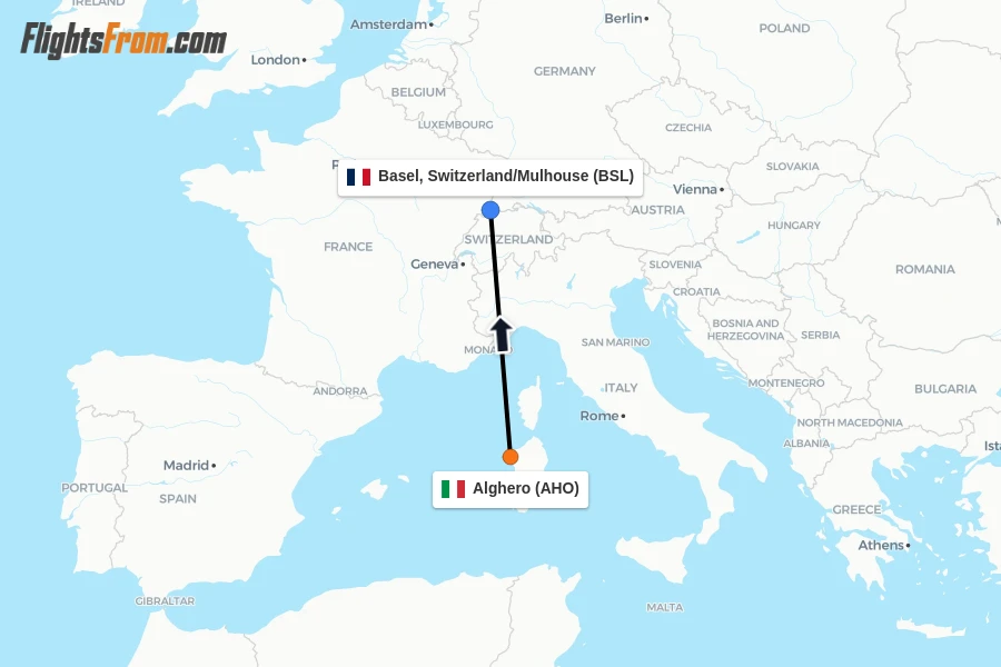 Flights from Alghero to Basel, Switzerland/Mulhouse route map